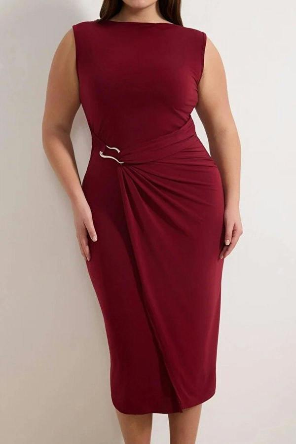 WOVCOR Bodycon Midi Accessory Detail Knitted Plus Size Dress