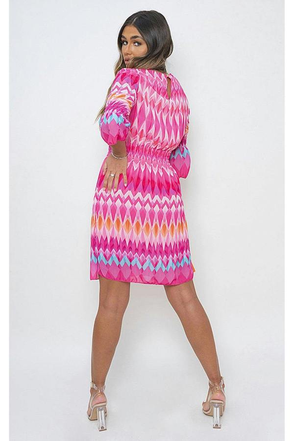 Bridget Printed Mini Dress With Elastic Waist - Pink