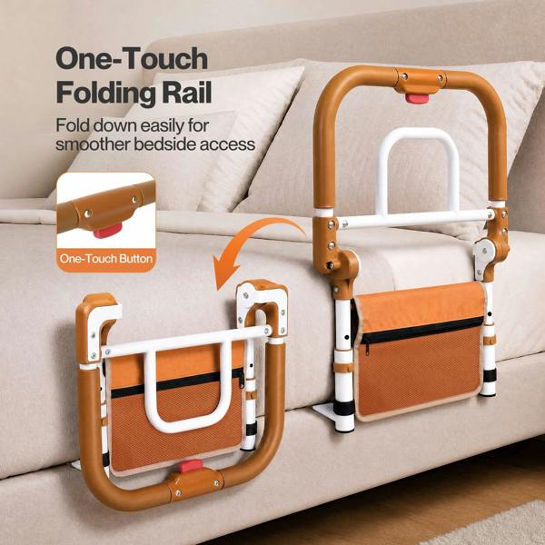 Levede Bed Rail Foldable 2 Handle Adjustable Height Non-Slip Grip Pocket Orange
