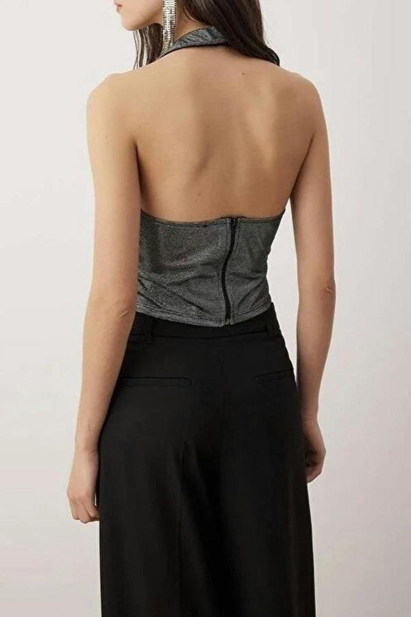 WOVCOR V-Neck Sleeveless Knitted Glittery Party Blouse