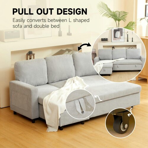 Wyld Haus Tafaha Light Grey Pull Out Sofa Bed With Storage and Side Pockets