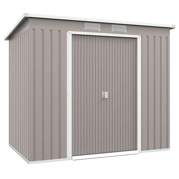 Grey galvanised steel garden shed with single door and vented gable panels