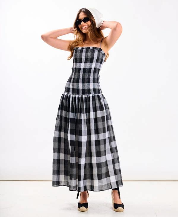 Black Check Bandeau Midi Dress