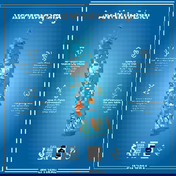 A blue, child-themed water bottle with a carry handle is displayed against a solid blue background. Award logos are present. "Award Winning Design," "Hide-Away Carry Handle," "Hygiene Cover," "Crevice Free Design," and "Wide Opening Mouth" are also displayed. "GERMAN DESIGN AWARD WINNER 2024," "GOOD DESIGN," and "2021" are visible.