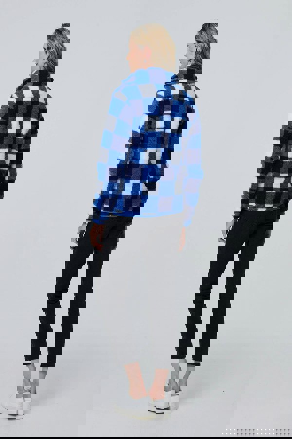 Blue | Checked Print Teddy Fur Zip Front Jacket
