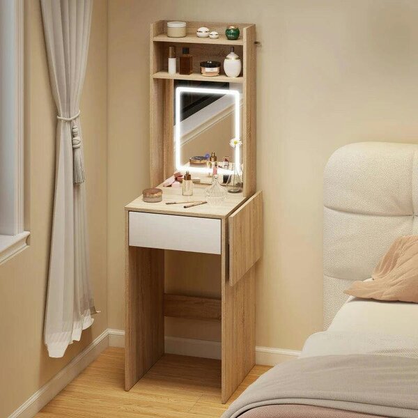 Small Vanity Desk with Mirror and LED Lights, Compact Dressing Table with Drop Leaf, Open Shelves, Natural Wood - Natural wood finish