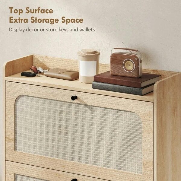 Bobobiy Shoe Cabinet with 2 Flip Drawers, Boho Narrow Shoe Storage Cabinet, Oak