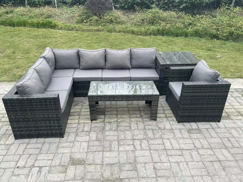 Fimous 7 Seater Rattan Corner Sofa Lounge Sofa Set With Rectangular Coffee Table With Arm Chair And Side Table Dark Grey Mixed Left Hand