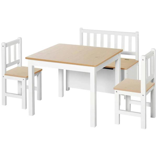 Kids table set with two wooden chairs and a storage bench, beige tops and white frames