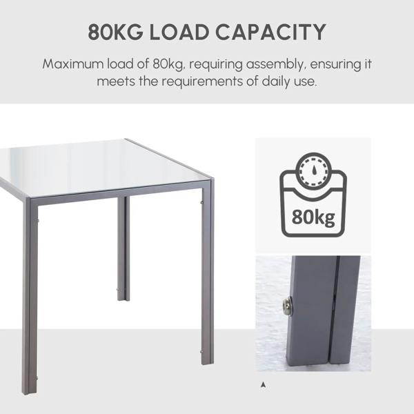 Grey square dining table with glass top and sturdy metal frame, load info