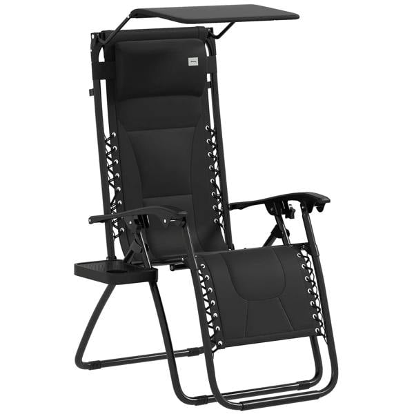 Black folding reclining patio lounger chair with padded seat, headrest, and shade cover