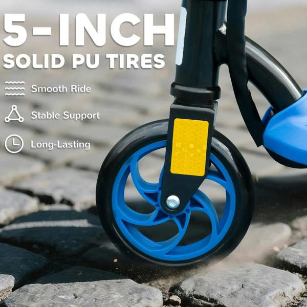 Close-up of blue 5-inch PU front tire and wheel on a kids electric scooter