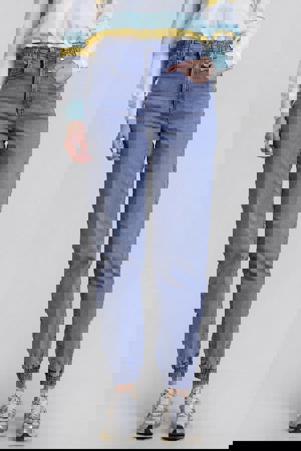 ENORSIA Women’s Mid Blue Zip-Cuff Denim Jogger Pants