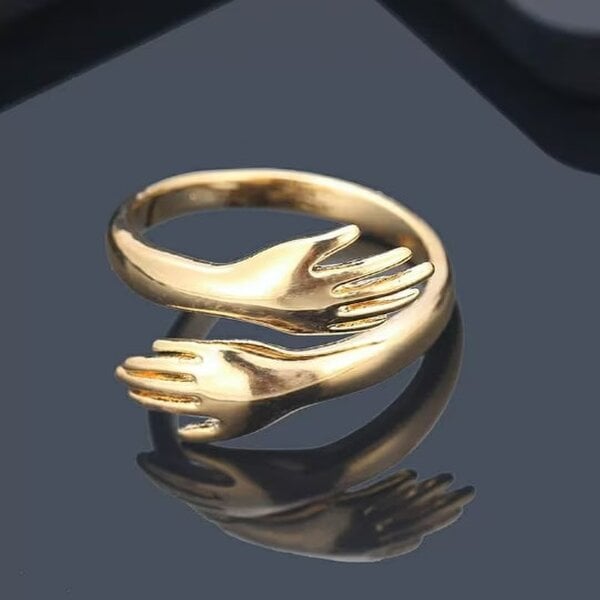The Colourful Aura Silver Gold Hand Love Hugging Couple Adjustable Stackable Love Ring