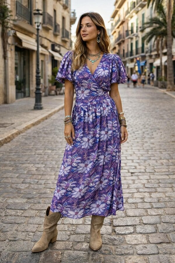 Lilian Wrap Dress - Puff sleeve wrap dress in a purple floral viscose satin, Maxi length