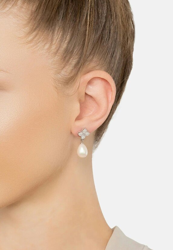 Latelita Clover Flower Pearl Drop Cz Earrings Silver