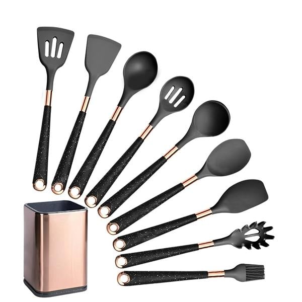 Anygleam Kitchen Utensils Non-Stick Black 9-Piece Set, Gold Plated Handle with Support Point, Storage Box, Heat Resistant Cooking Tool Kitchenware