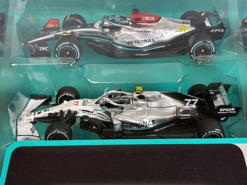 Mercedes AMG Petronas Formula 1 Set of 7 Cars with Display Stand 1:43 Scale Bburago 38170