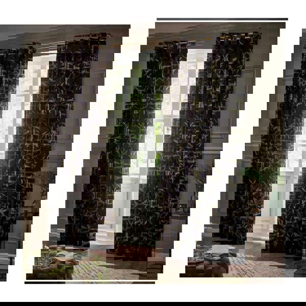 Paoletti Jacquard Bamboo Print Eyelet Curtains - Black