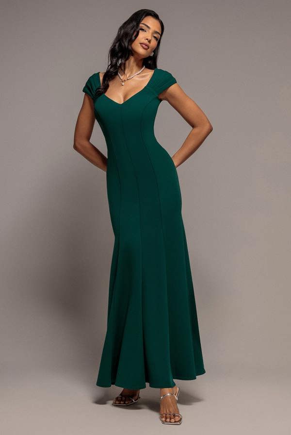 Capped Sleeve V Neck Pleated Fit & Flare Maxi Dress - Emerald Green DR5117
