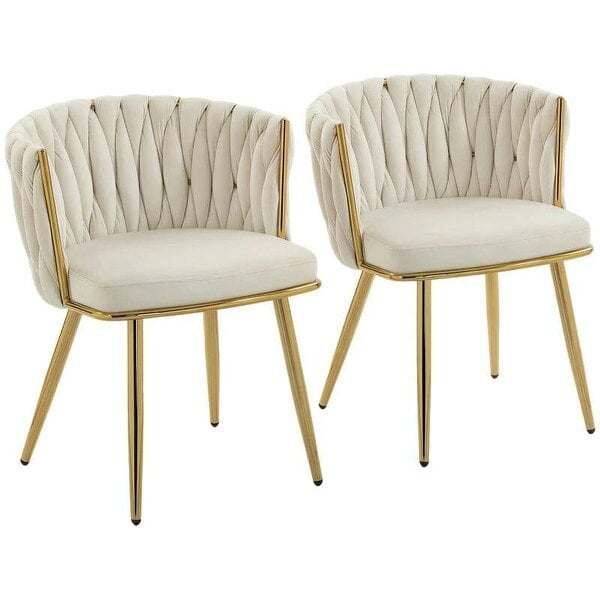 Bobobiy Velvet-Feel Dining Chairs Set of 2, Modern Upholstered Armchair with Knot Design and Golden Metal Legs, Accent Chair, Cream