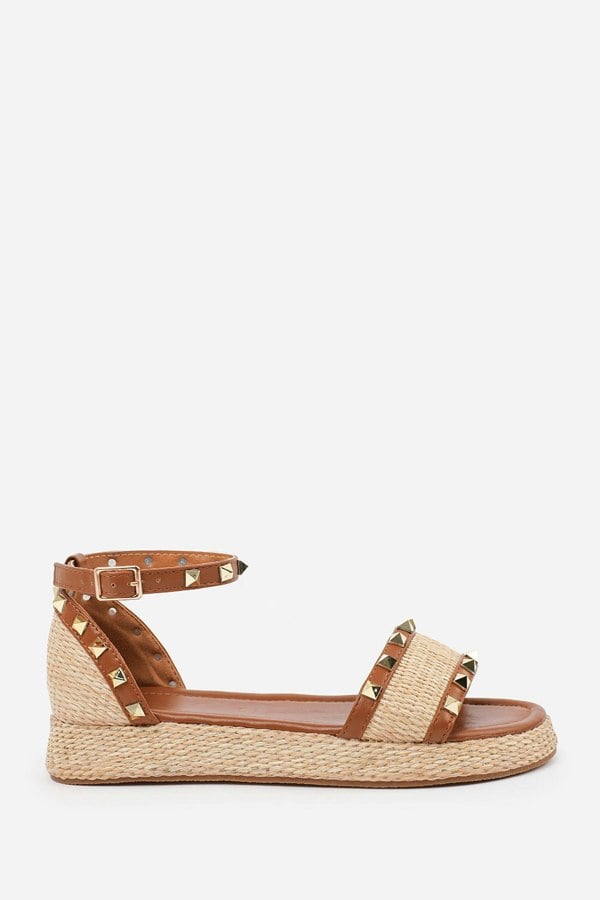 Where's That From Aviva Studded Gladiator Braided Strap Espadrille Flatform  in Tan Faux Leather