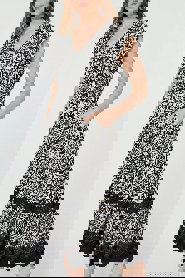 Black | Border Print Shirred Knee Length Dress