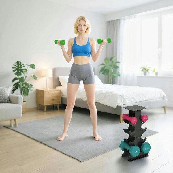 Hex Dumbbells Set with Dumbbell Rack, Non Slip Hand Weights for Home Gym Strength Training, 2 x 1kg, 2 x 3kg, 2 x 5kg