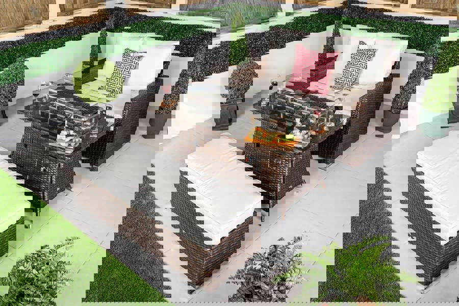 Giardino Sydney 2 Seat Loveseat Sofa Rattan Garden Furniture Set Outdoor With Fire Pit Coffee Table & Bench