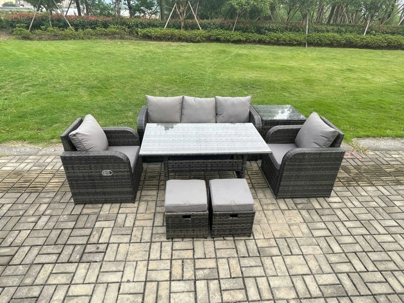 Fimous Wicker PE Rattan Garden Furniture Set Outdoor Rectangular Dining Table and Chair Sofa Set With Side Table 2 Small Footstools Dark Grey Mixed