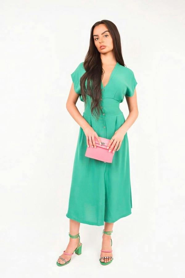 Reeva Button Down Cap Sleeve Midi Dress - Green