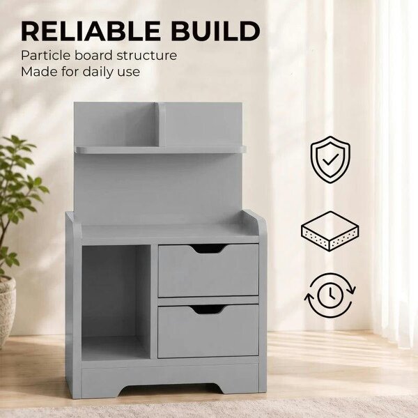 Bedside Table, Small Bedside Cabinet with 2 Drawers and Storage Shelves, Modern Nightstand for Bedroom, Grey