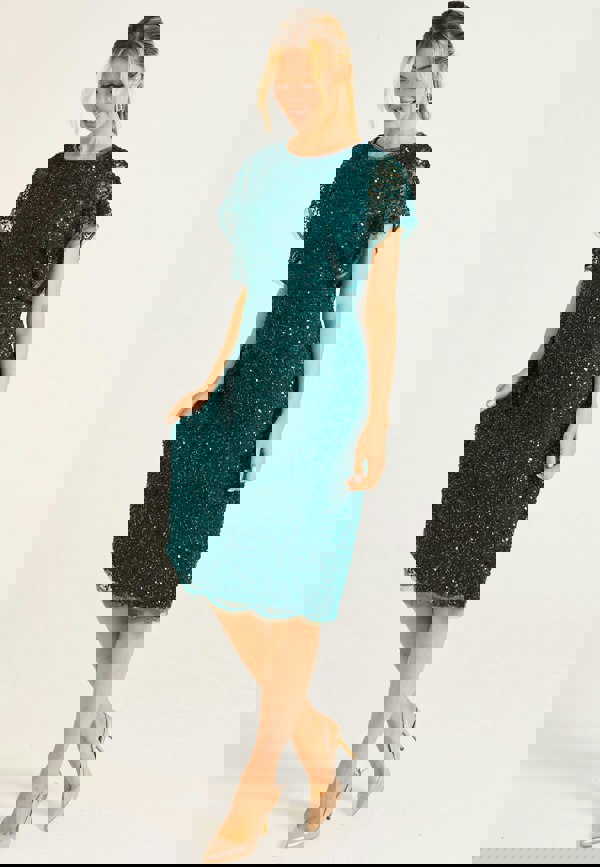 Embellished Midi Dress with Flutter Sleeve in Emerald Green - ANGELEYE