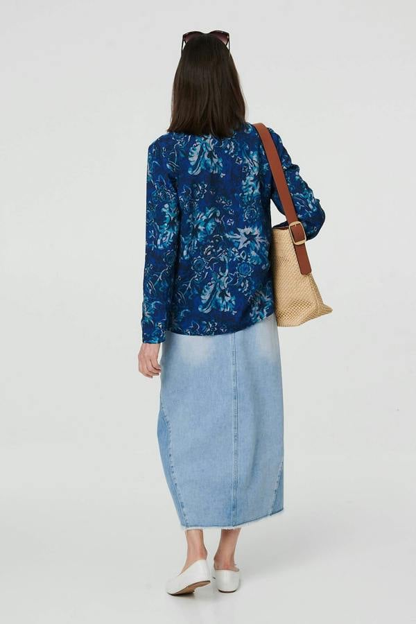 Navy | Floral Long Sleeve Collared Shirt