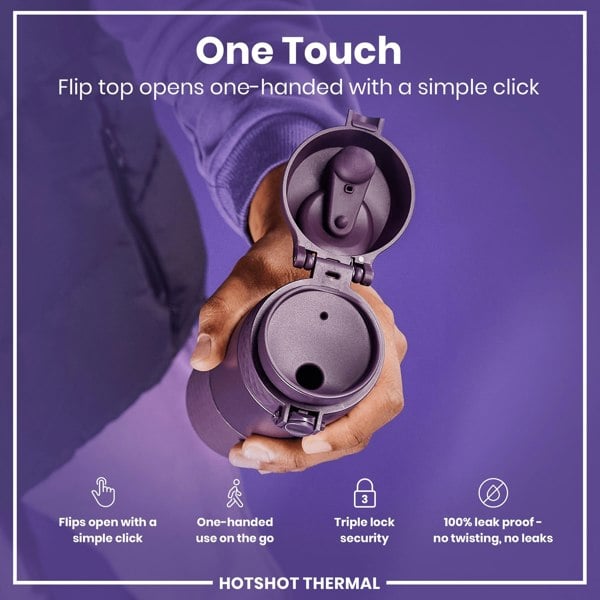 A purple thermos's flip top is opened one-handed; a person demonstrates its features against a purple background. "One Touch," "Flips open with a simple click," "One-handed use on the go," "Triple lock security," "100% leak proof - no twisting, no leaks," and "HOTSHOT THERMAL" are also present.