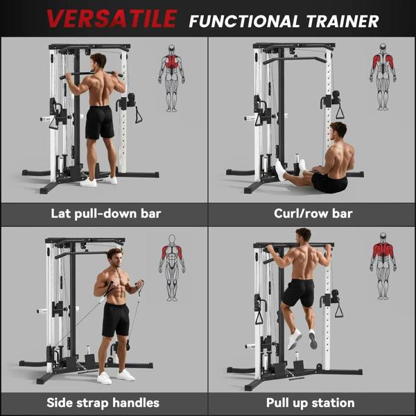 Multifunctional cable trainer with lat pulldown bar, curl/row bar, side strap handles, pull-up station