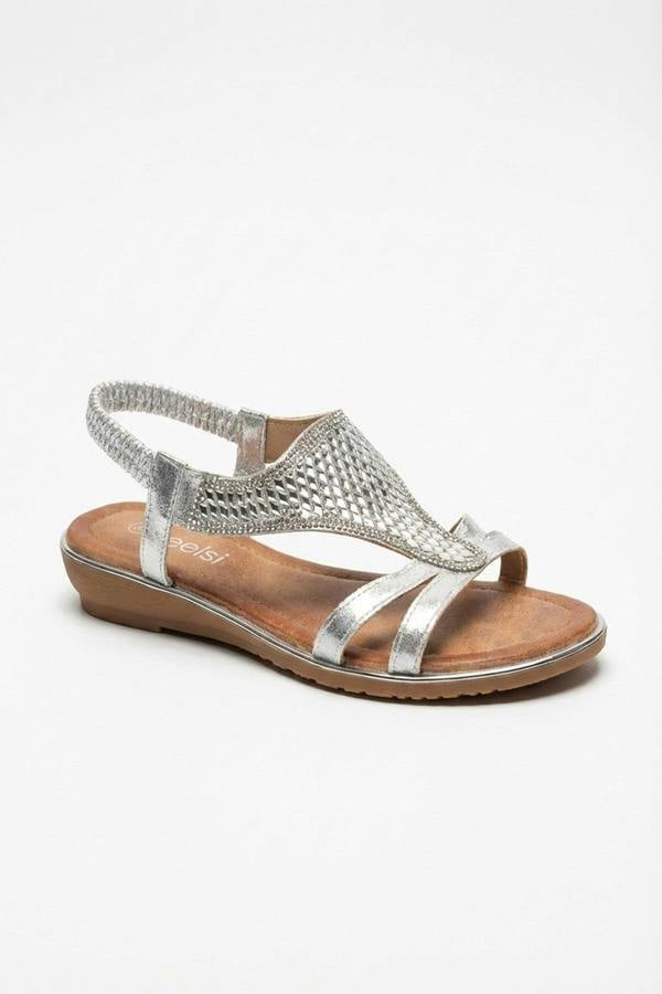 Amelia Womens Rhinestone Strappy Flat Sandals - Silver