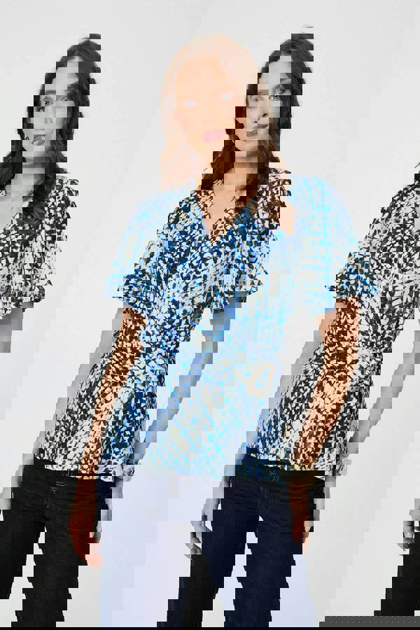 Blue | Abstract Angel Sleeve Ruched Wrap Top