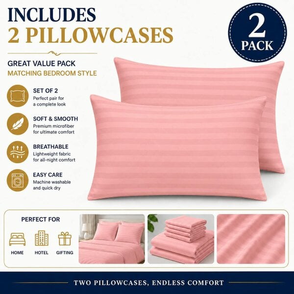 Night Zone Microfibre Stripe Pillowcase Set of 2 – Soft Hotel Style Bed Linen
