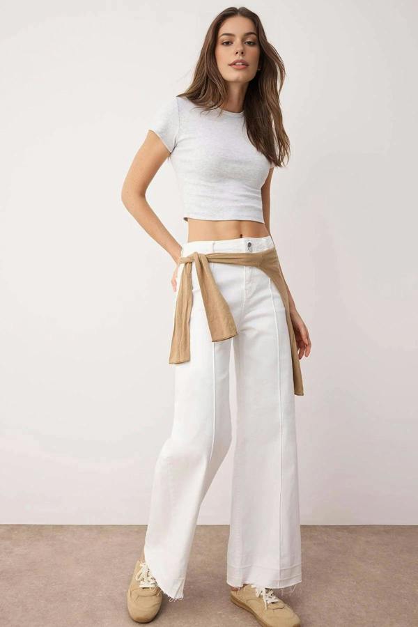 WOVCOR High Waist Cut-Out Wide Leg Jeans with Ribbed Detail