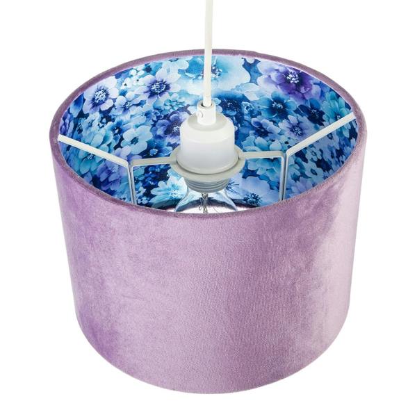 Soft Lilac Velvet Drum Lampshade with Inner Coloured Floral Lining Image 4