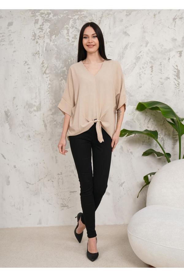 Hoxton Gal Oversized V Neck Tie Front Detailed Blouse with 3/4 Sleeves in Beige