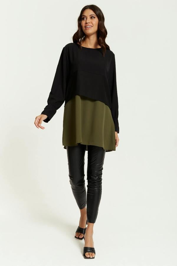 Hoxton Gal Oversized Satin Long Sleeves Colour Block Tunic Top in Black, Black and Khaki