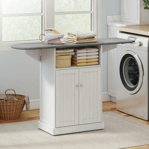 HOMCOM Ironing Board Cabinet on Wheels with Foldable Top, White