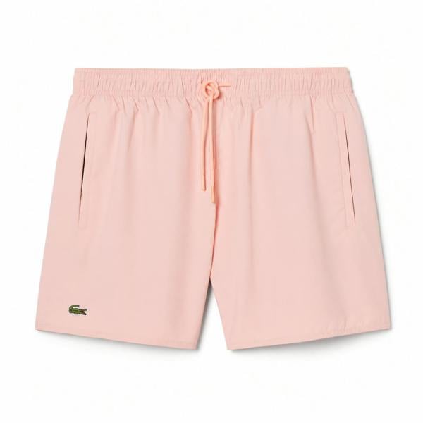 Lacoste light pink quick-dry swim shorts with drawstring waist and crocodile logo.