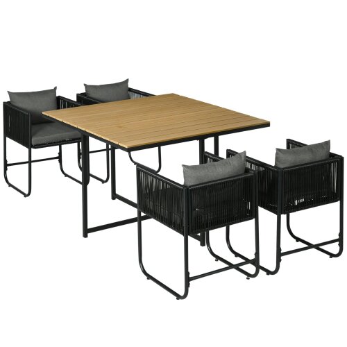 Wyld Haus Lilere Rattan Black 4 Seater Cube Garden Dining Set With Cushions And Rectangular Wood Grain Table