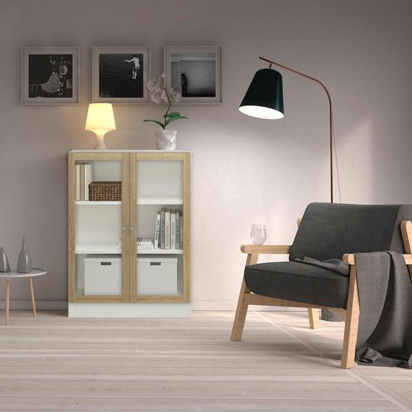 Furniture To Go Basic Low Wide Display Cabinet in White (2 Shelves) with 2 Glass Doors in Oak