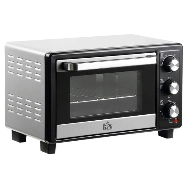 Black and silver countertop oven with glass door and three control knobs