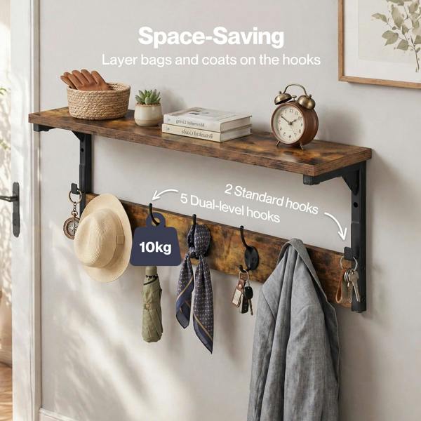Levede Coat Rack Wall Mounted Shelf 7 Hooks Heavy Duty Entryway Storage Brown