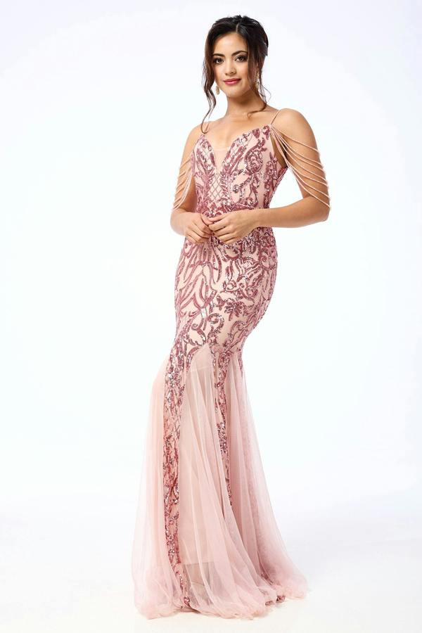 LuvForever Enora - Pink Jewelled Shoulder Sequin Maxi Dress